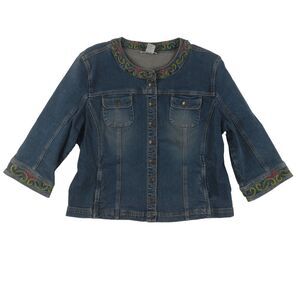 J. Marco Denim Jean Jacket Womens Large Blue Beaded Embroidery Acid Wash Stretch